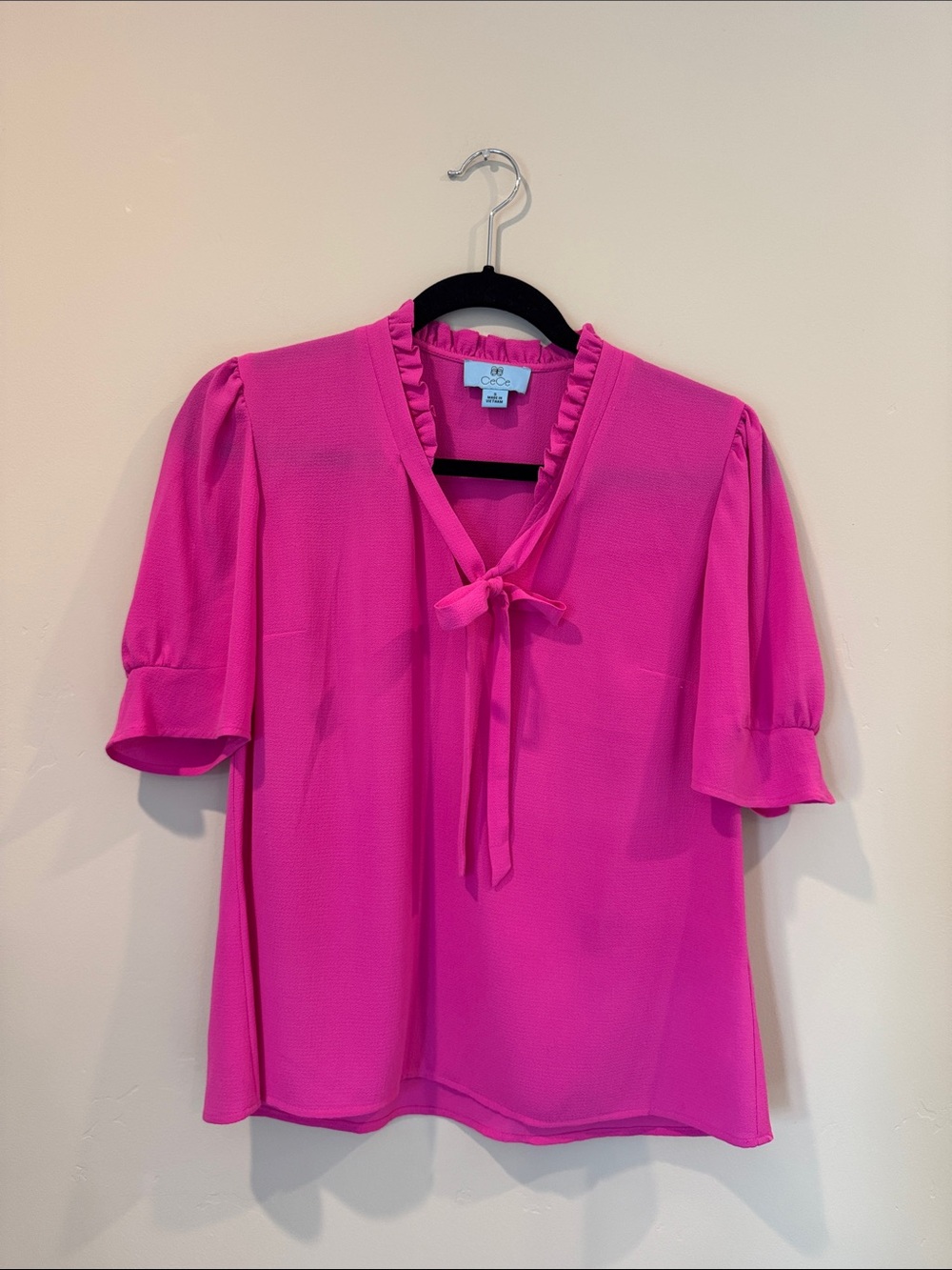 CeCe Hot Pink Tie-Neck Ruffle Blouse